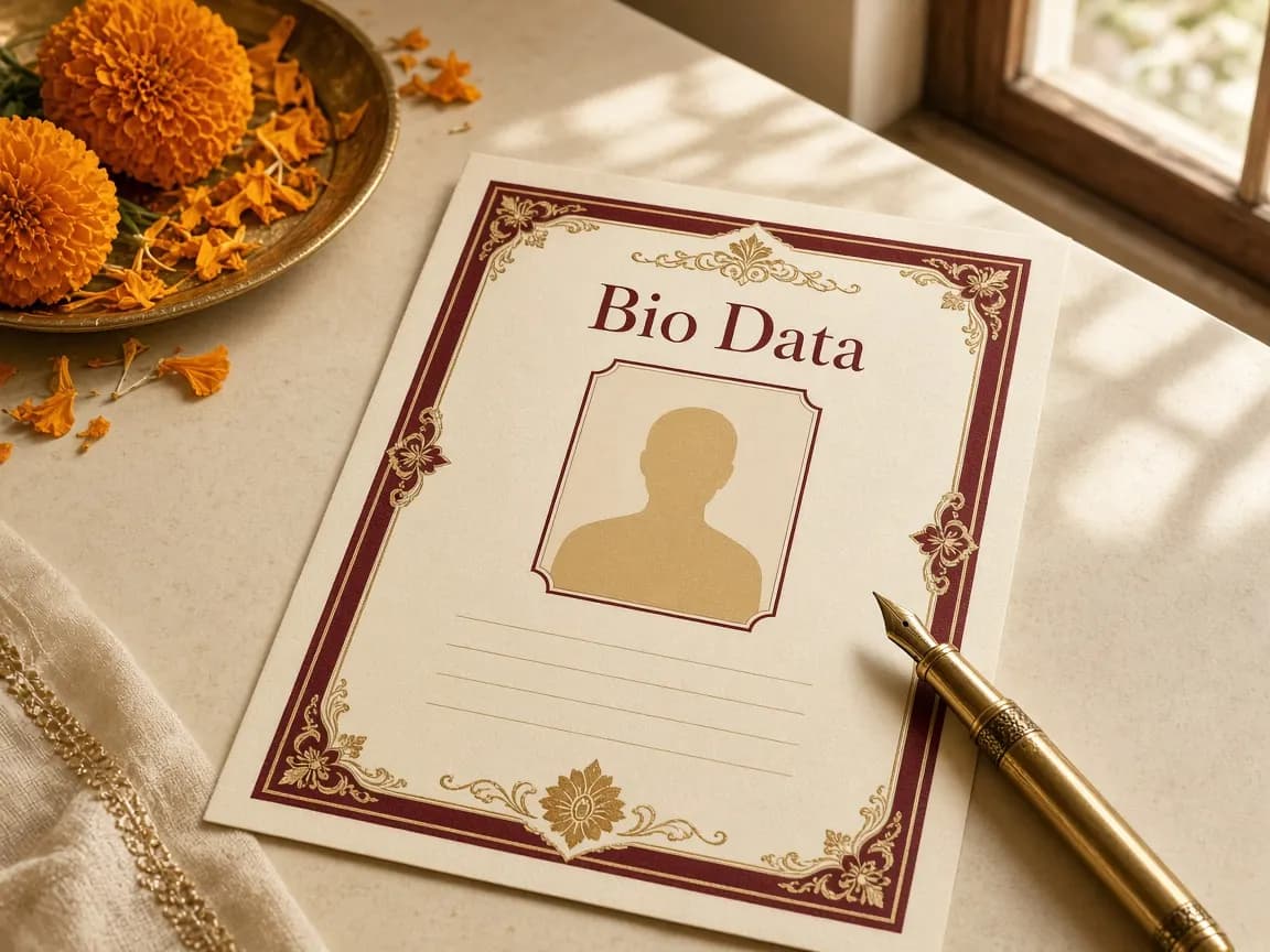Printed marriage biodata on cream paper with a gold pen and marigold — FreeBiodataCreate studio