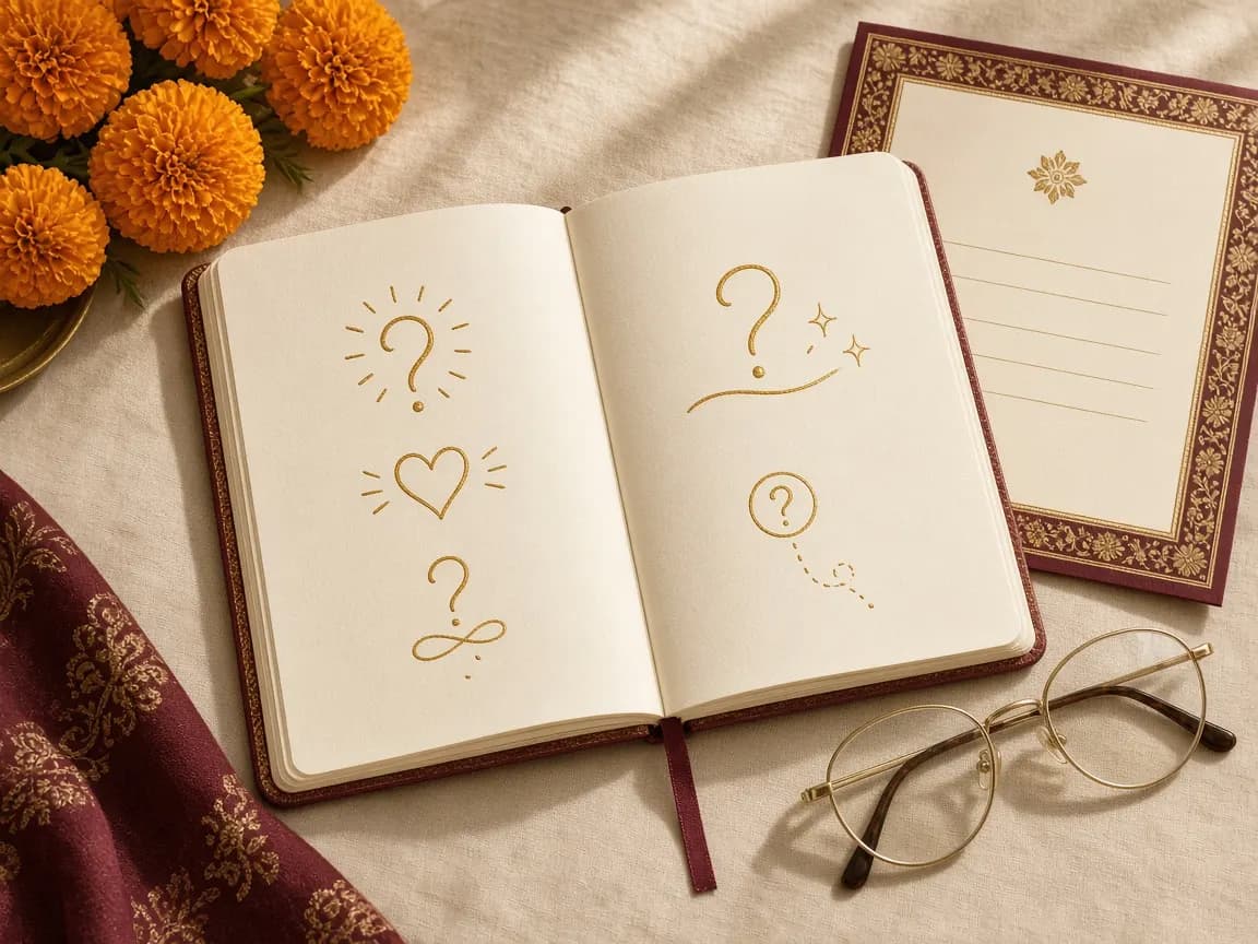 Open notebook and marriage biodata notes used as a help guide for common questions