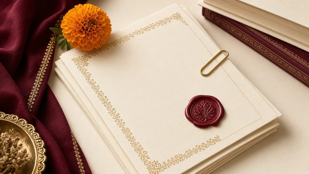 Cream legal papers, gold seal and marigold on a desk